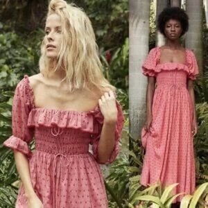 Doen Pink Sol Shirred Swiss Dot Midi Dress Size Medium